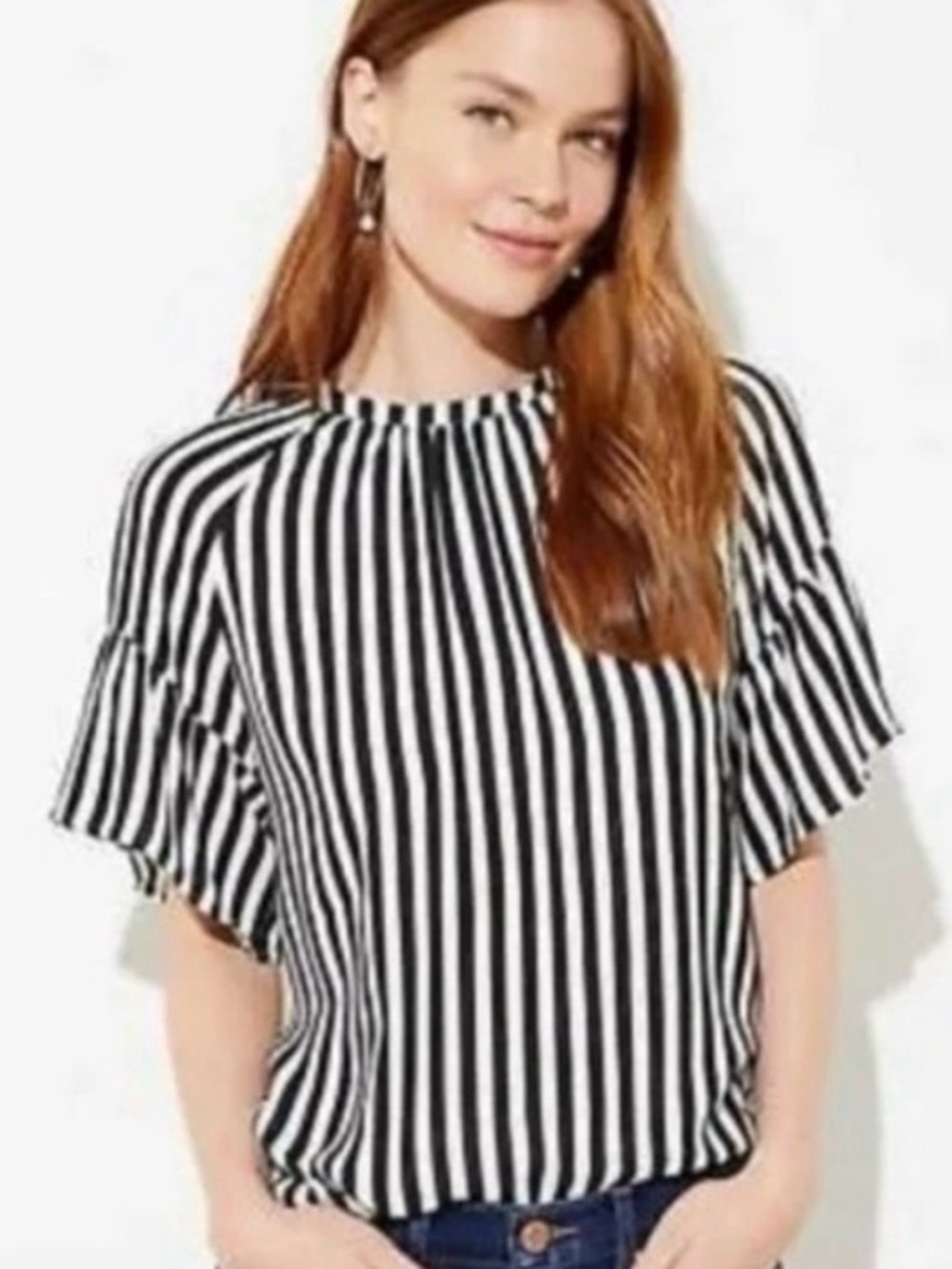 LOFT Striped Tie Neck Flutter Sleeve Blouse Size S